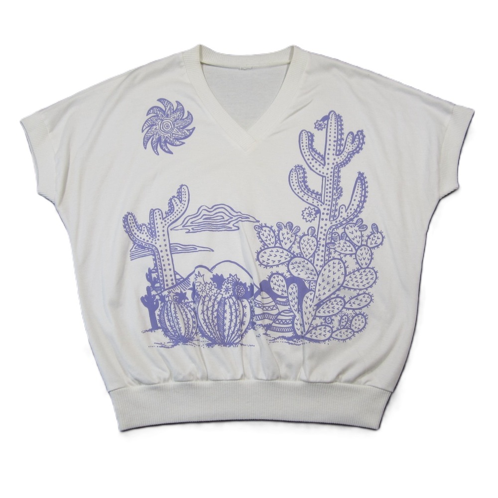 Graphic Cactus Shirt Purple Cropped Dolman Sleeve V-Neck Southwestern Desert 90s
